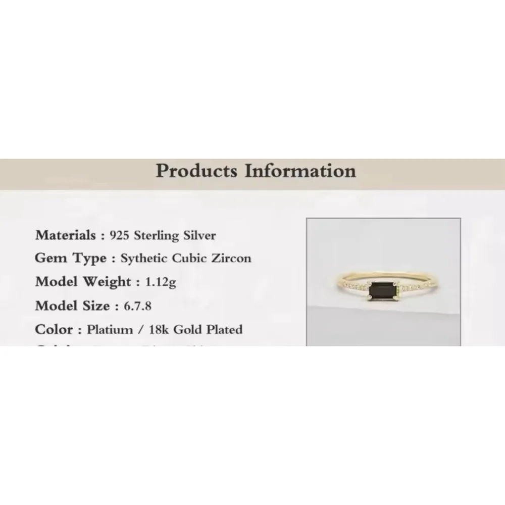 NEW Women's‎ 18k Gold Plated Sterling Baguette Black Onyx Simulated Diamond Ring